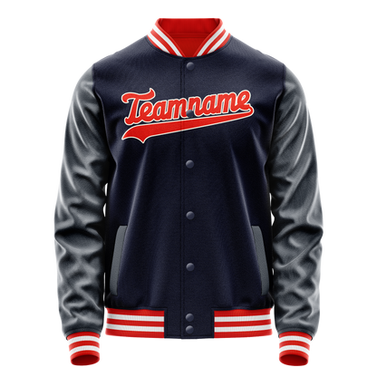 Custom Navy Orange Solid Color Varsity Letterman Jacket