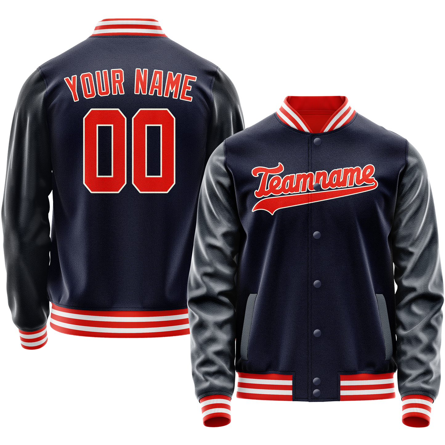 Custom Navy Orange Solid Color Varsity Letterman Jacket