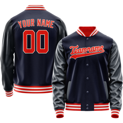 Custom Navy Orange Solid Color Varsity Letterman Jacket