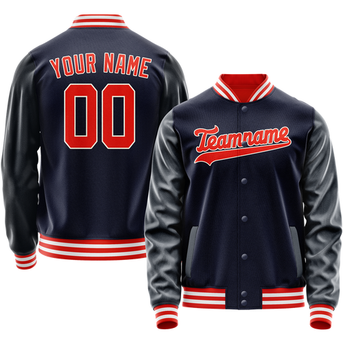 Custom Navy Orange Solid Color Varsity Letterman Jacket
