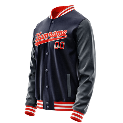 Custom Navy Orange Solid Color Varsity Letterman Jacket