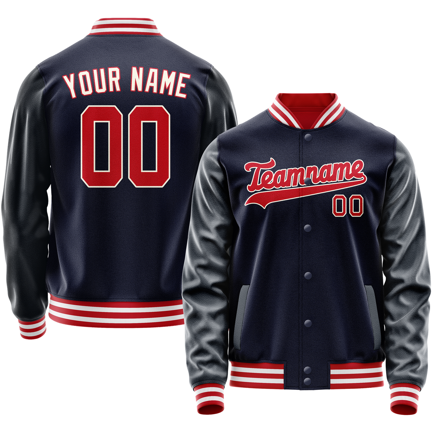 Custom Navy Red Solid Color Varsity Letterman Jacket