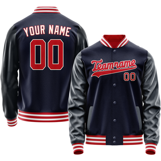 Custom Navy Red Solid Color Varsity Letterman Jacket
