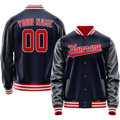 Custom Navy Red Solid Color Varsity Letterman Jacket