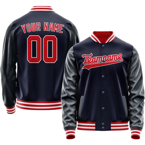 Custom Navy Red Solid Color Varsity Letterman Jacket