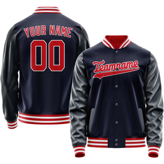 Custom Navy Red Solid Color Varsity Letterman Jacket