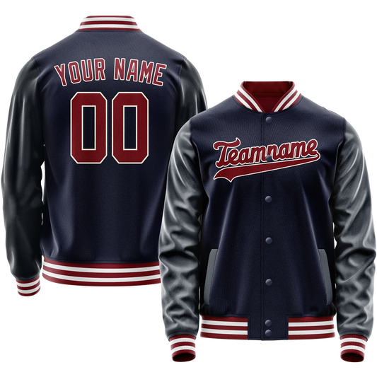 Custom Navy Crimson Solid Color Varsity Letterman Jacket
