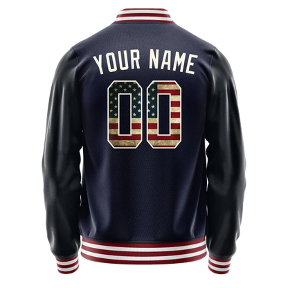 Custom Navy Cream Vintage Usa Flag Varsity Letterman Jacket