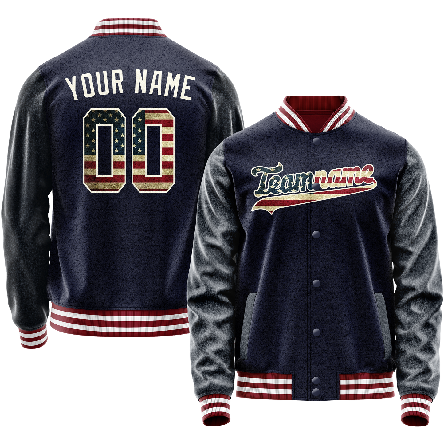 Custom Navy Cream Vintage Usa Flag Varsity Letterman Jacket