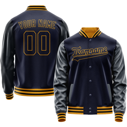 Custom Navy Old-Gold Solid Color Varsity Letterman Jacket