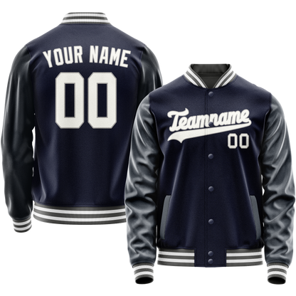 Custom Navy White Solid Color Varsity Letterman Jacket