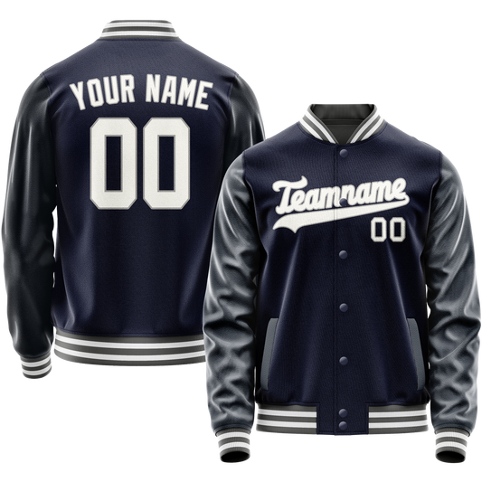 Custom Navy White Solid Color Varsity Letterman Jacket