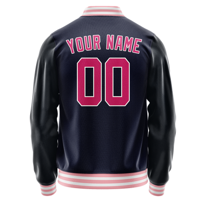 Custom Navy Pink Solid Color Varsity Letterman Jacket