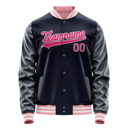 Custom Navy Pink Solid Color Varsity Letterman Jacket