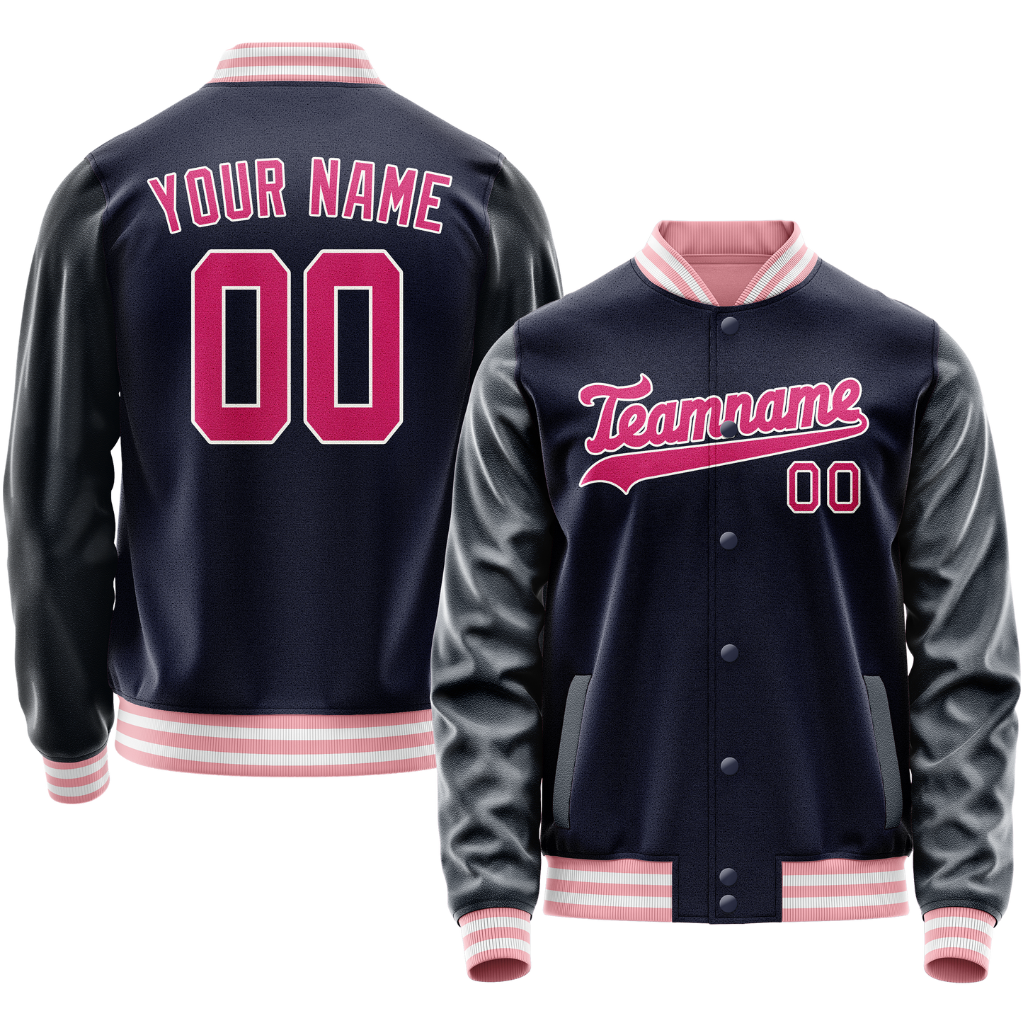 Custom Navy Pink Solid Color Varsity Letterman Jacket