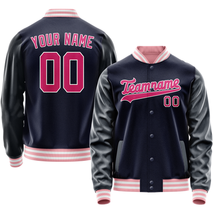 Custom Navy Pink Solid Color Varsity Letterman Jacket