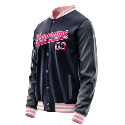 Custom Navy Pink Solid Color Varsity Letterman Jacket