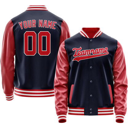 Custom Navy Red Solid Color Varsity Letterman Jacket