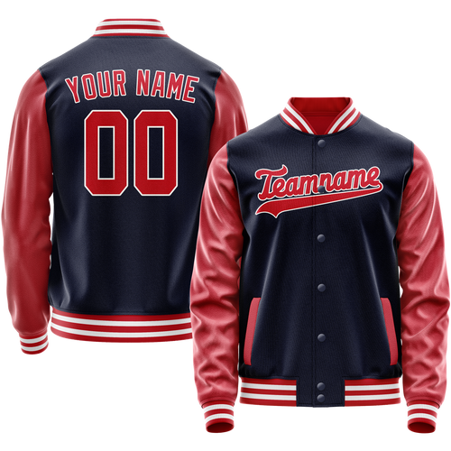 Custom Navy Red Solid Color Varsity Letterman Jacket