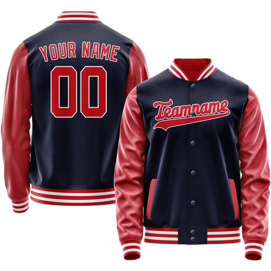 Custom Navy Red Solid Color Varsity Letterman Jacket