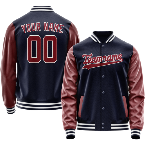 Custom Navy Crimson Solid Color Varsity Letterman Jacket