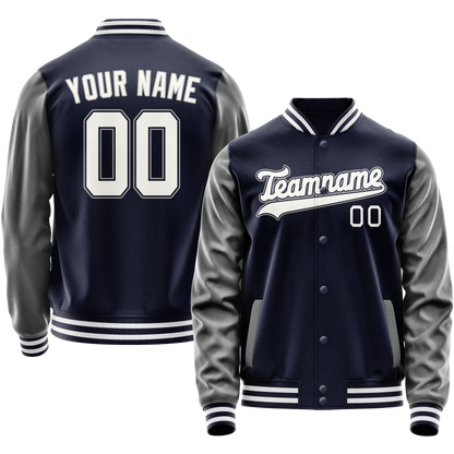 Custom Navy Gray Solid Color Varsity Letterman Jacket