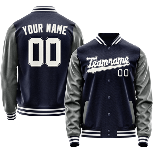 Custom Navy Gray Solid Color Varsity Letterman Jacket