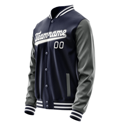 Custom Navy Gray Solid Color Varsity Letterman Jacket