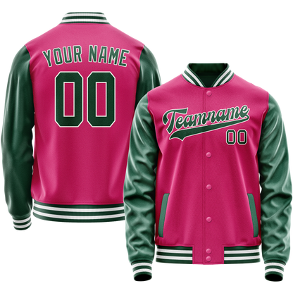 Custom Pink Kelly-Green Solid Color Varsity Letterman Jacket