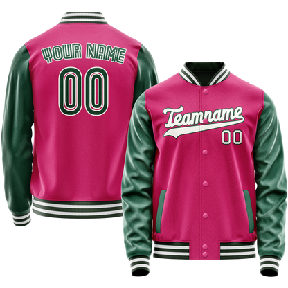 Custom Pink Kelly-Green Solid Color Varsity Letterman Jacket