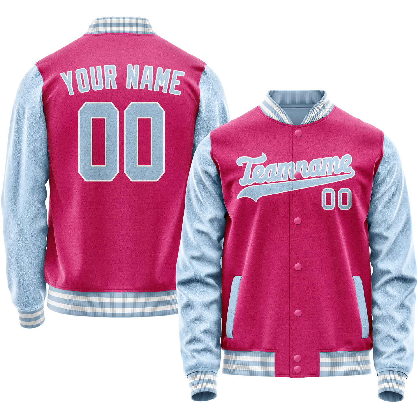 Custom Pink Light-Blue Solid Color Varsity Letterman Jacket