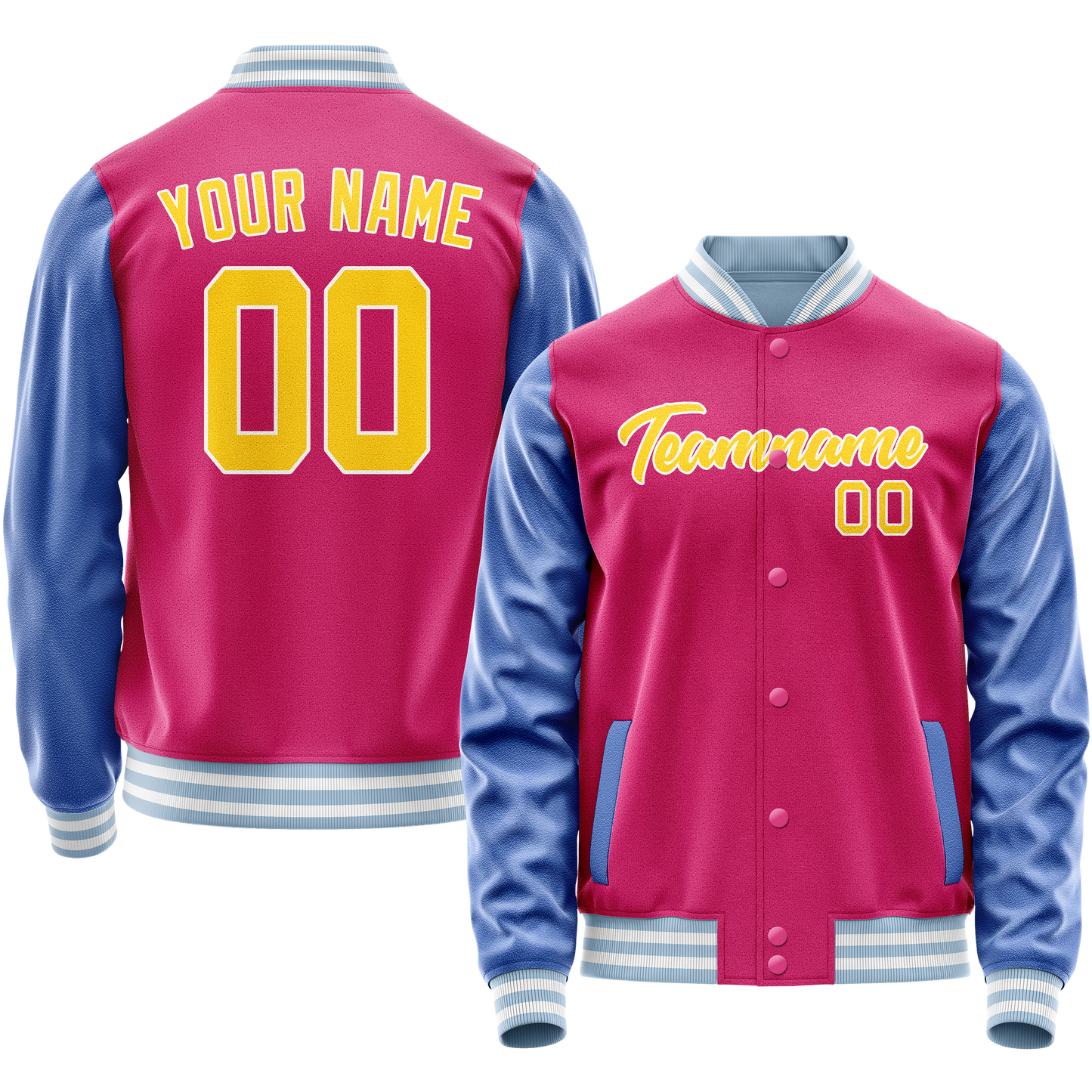 Custom Pink Light-Blue Solid Color Varsity Letterman Jacket