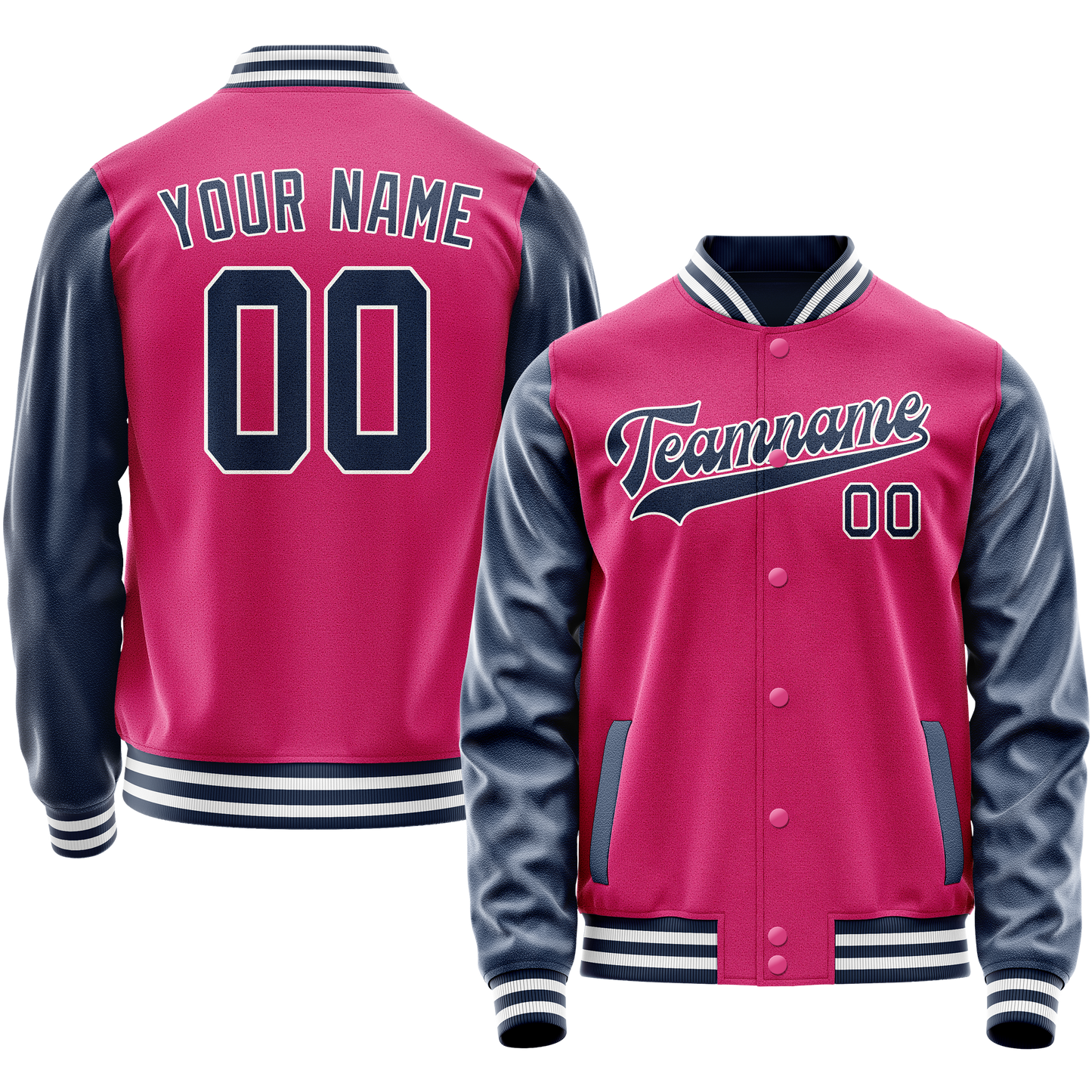 Custom Pink Navy Solid Color Varsity Letterman Jacket