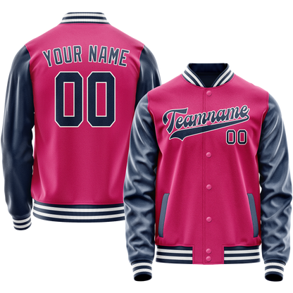 Custom Pink Navy Solid Color Varsity Letterman Jacket