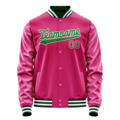 Custom Pink Neon-Green Solid Color Varsity Letterman Jacket