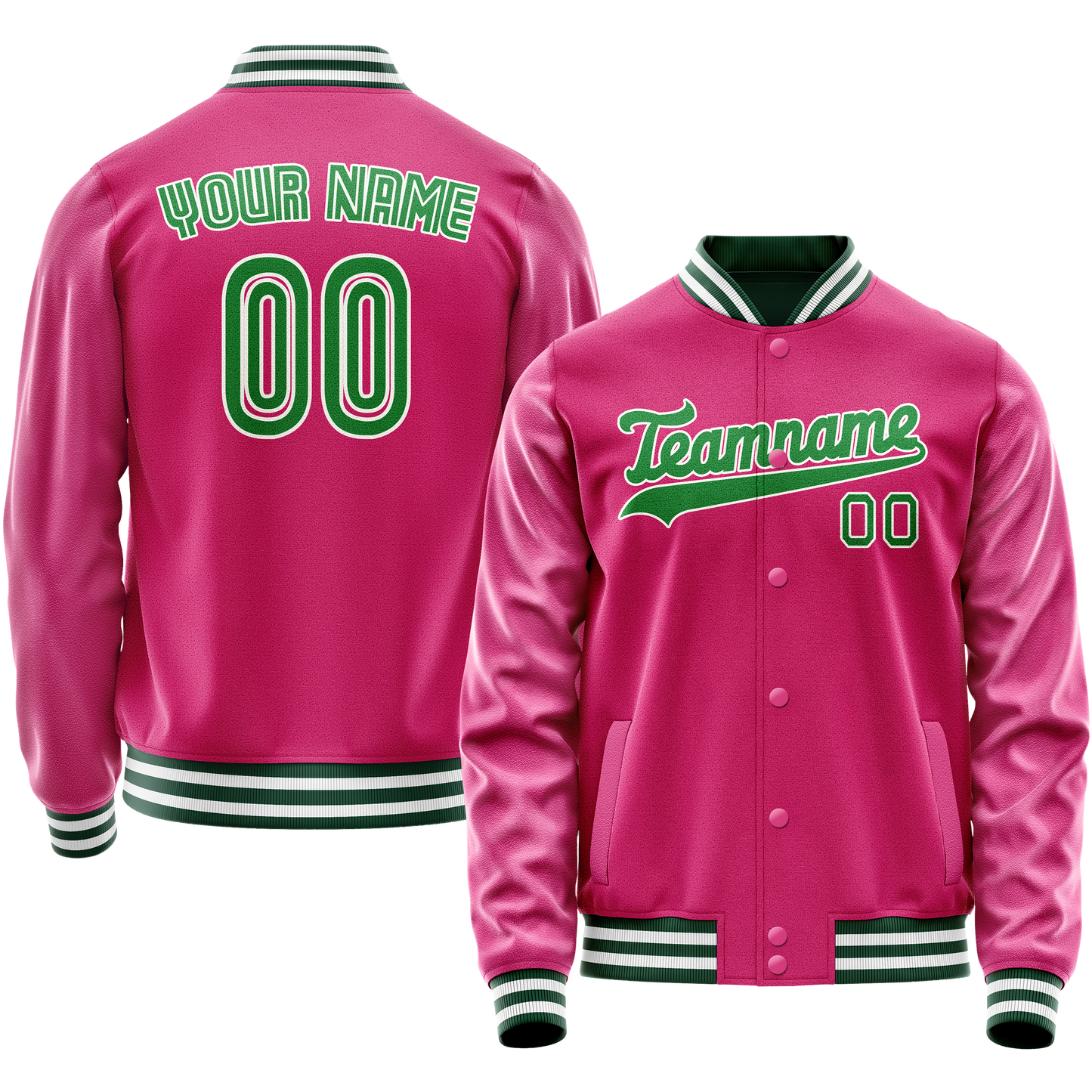 Custom Pink Neon-Green Solid Color Varsity Letterman Jacket