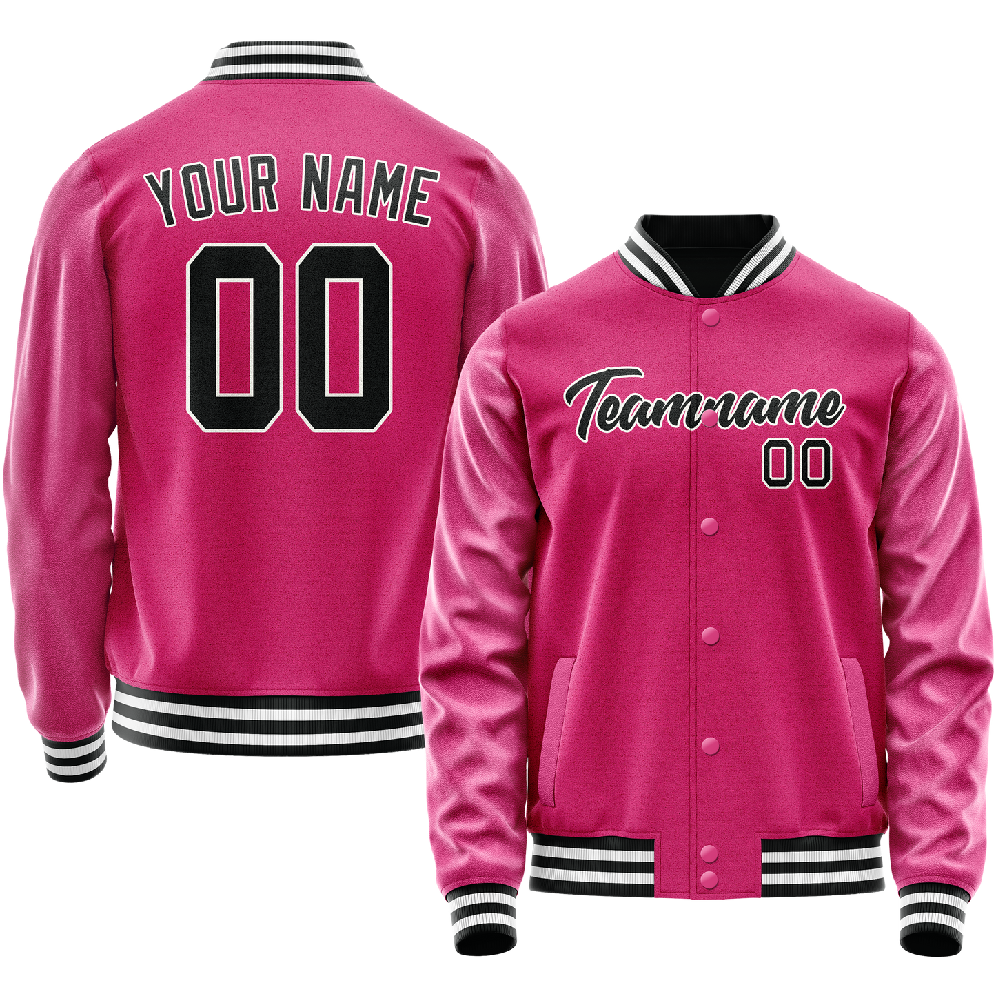 Custom Pink Black Solid Color Varsity Letterman Jacket