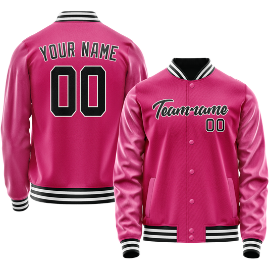Custom Pink Black Solid Color Varsity Letterman Jacket