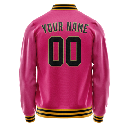 Custom Pink Black Solid Color Varsity Letterman Jacket