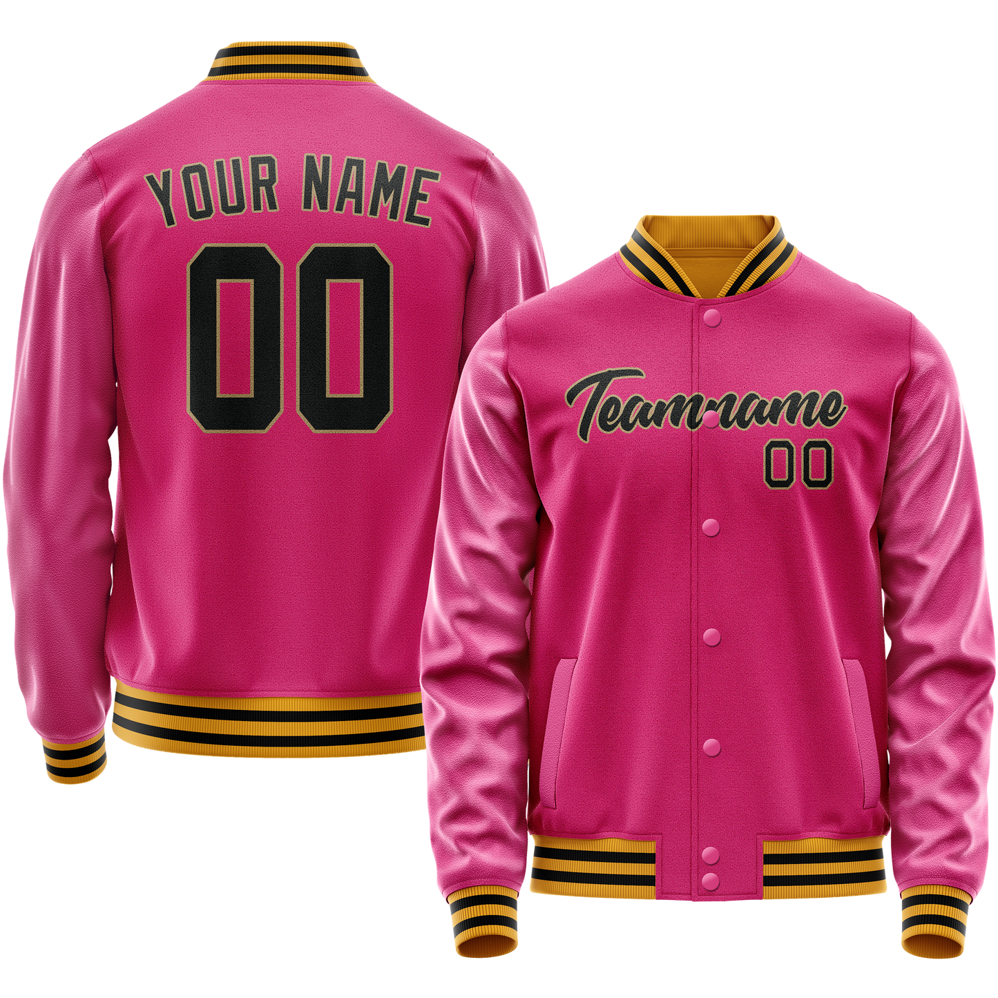 Custom Pink Black Solid Color Varsity Letterman Jacket