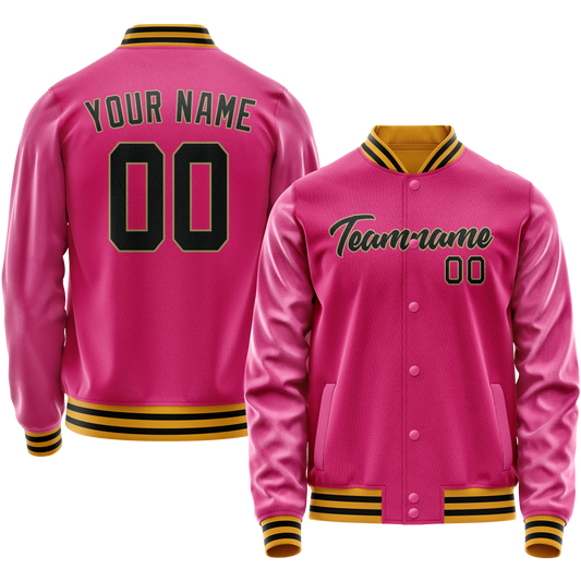 Custom Pink Black Solid Color Varsity Letterman Jacket
