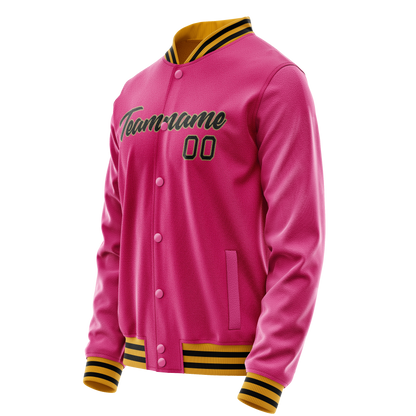 Custom Pink Black Solid Color Varsity Letterman Jacket