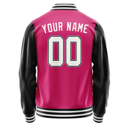 Custom Pink Black Solid Color Varsity Letterman Jacket