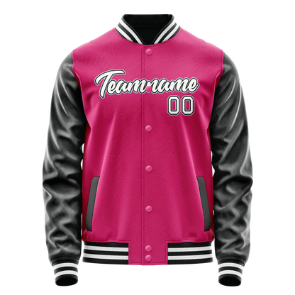 Custom Pink Black Solid Color Varsity Letterman Jacket
