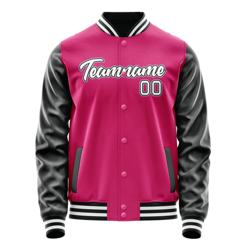 Custom Pink Black Solid Color Varsity Letterman Jacket