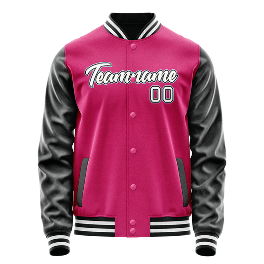 Custom Pink Black Solid Color Varsity Letterman Jacket