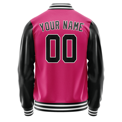 Custom Pink Black Solid Color Varsity Letterman Jacket