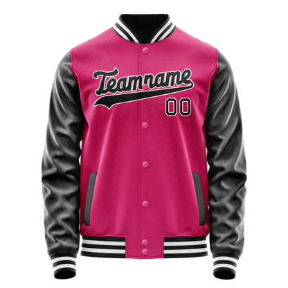 Custom Pink Black Solid Color Varsity Letterman Jacket