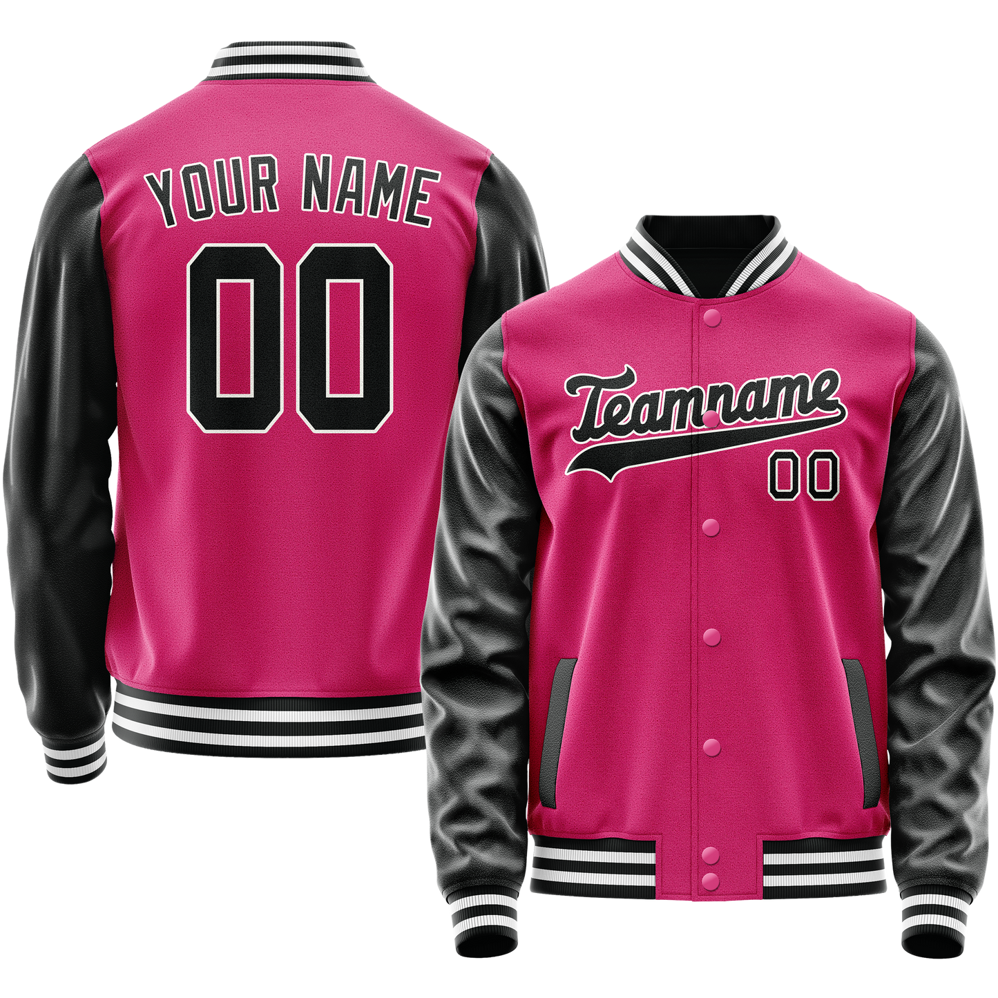 Custom Pink Black Solid Color Varsity Letterman Jacket