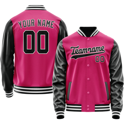 Custom Pink Black Solid Color Varsity Letterman Jacket